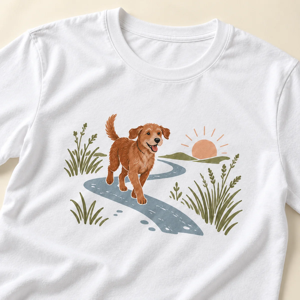 Morning Dog Walk Unisex Graphic T-Shirt — detail illustrative mockup