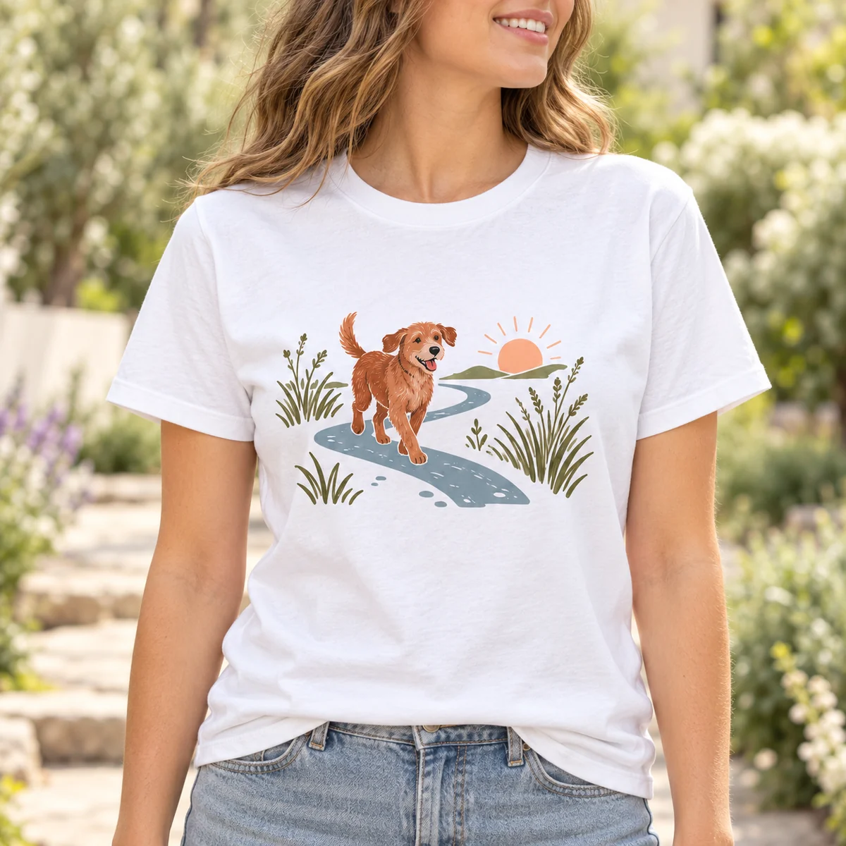 Morning Dog Walk Unisex Graphic T-Shirt — lifestyle illustrative mockup
