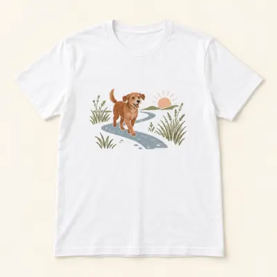 Morning Dog Walk Unisex Graphic T-Shirt — main illustrative mockup