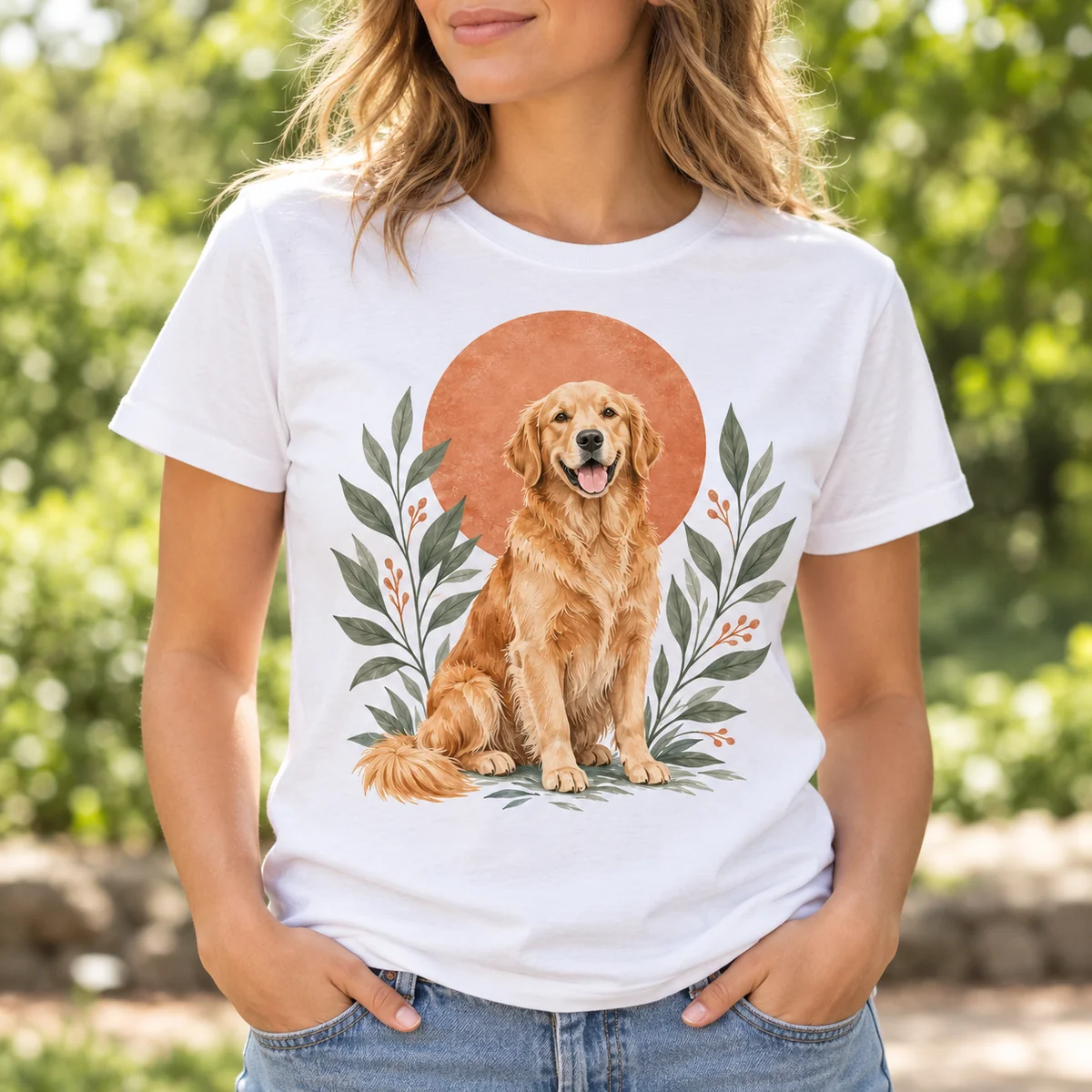 Golden Retriever Sun Unisex Graphic T-Shirt — lifestyle illustrative mockup