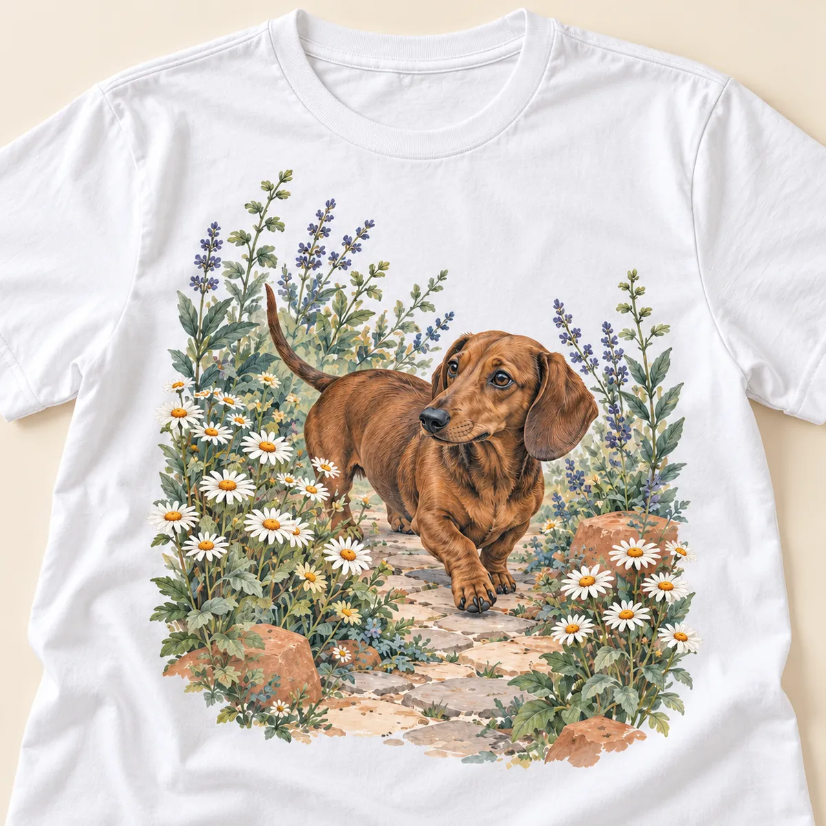 Dachshund Garden Trail Unisex Graphic T-Shirt — detail illustrative mockup