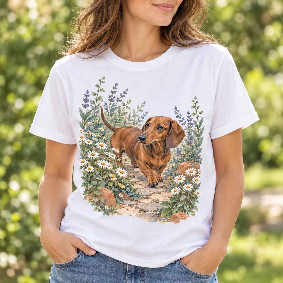 Dachshund Garden Trail Unisex Graphic T-Shirt — lifestyle illustrative mockup