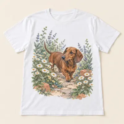 Dachshund Garden Trail Unisex Graphic T-Shirt — main illustrative mockup