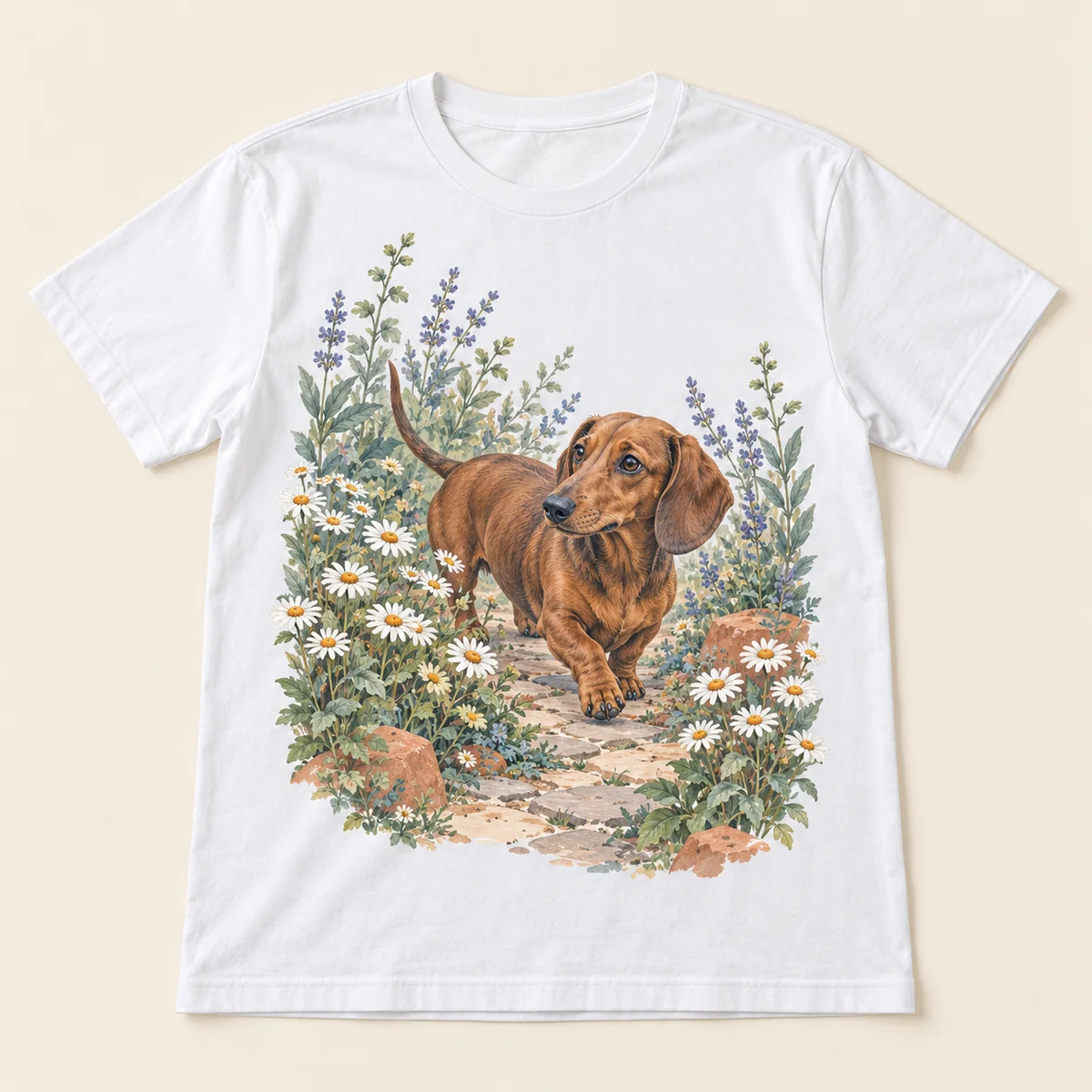 Dachshund Garden Trail Unisex Graphic T-Shirt — main illustrative mockup