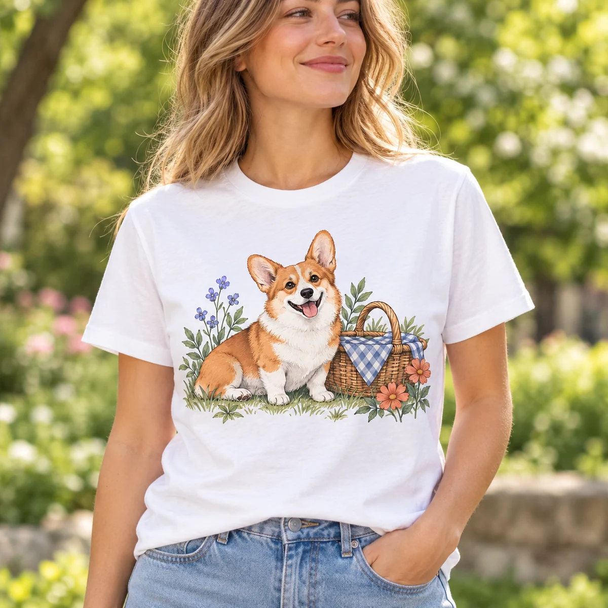 Corgi Picnic Partner Unisex Graphic T-Shirt — lifestyle illustrative mockup