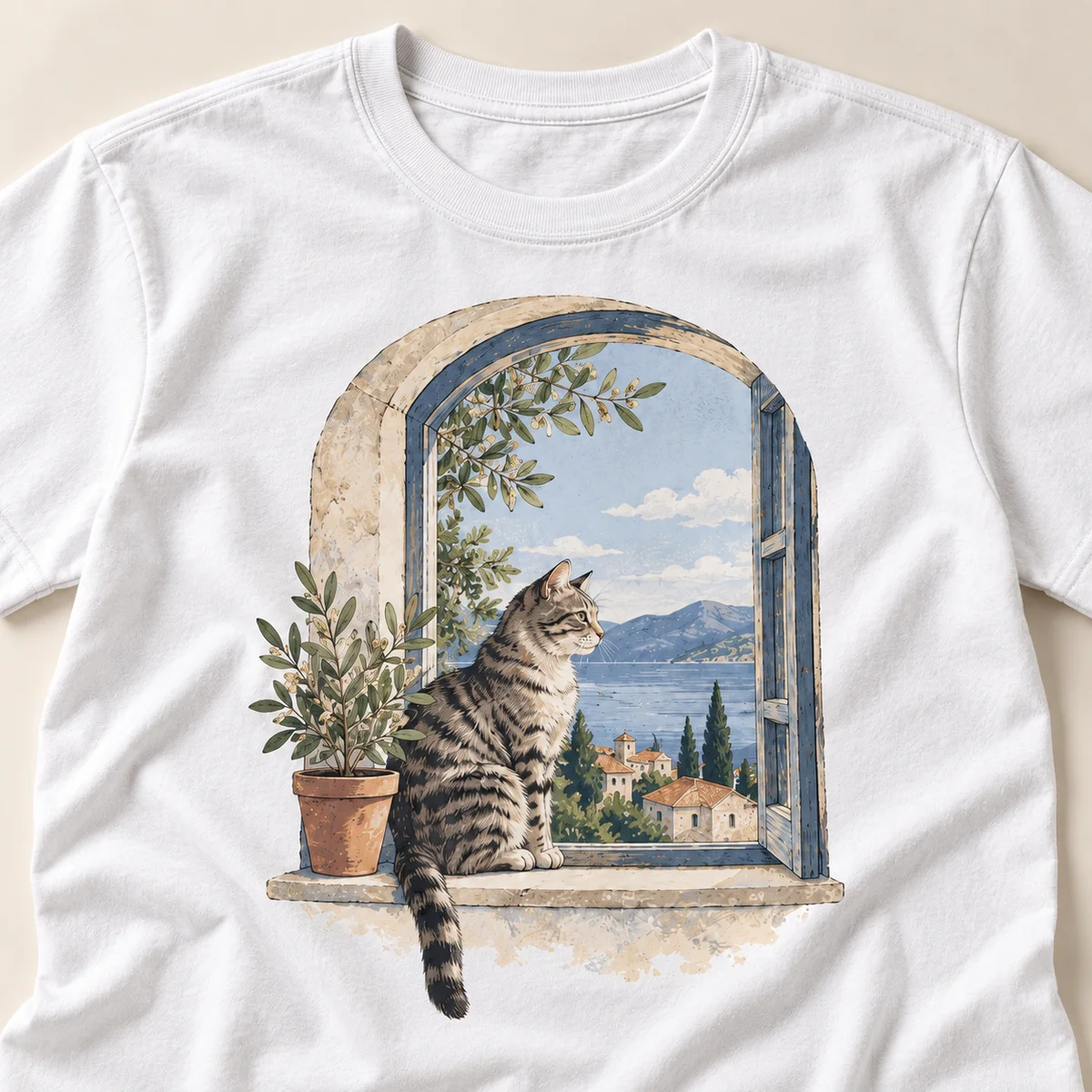 Tabby Window Watch Unisex Graphic T-Shirt — detail illustrative mockup