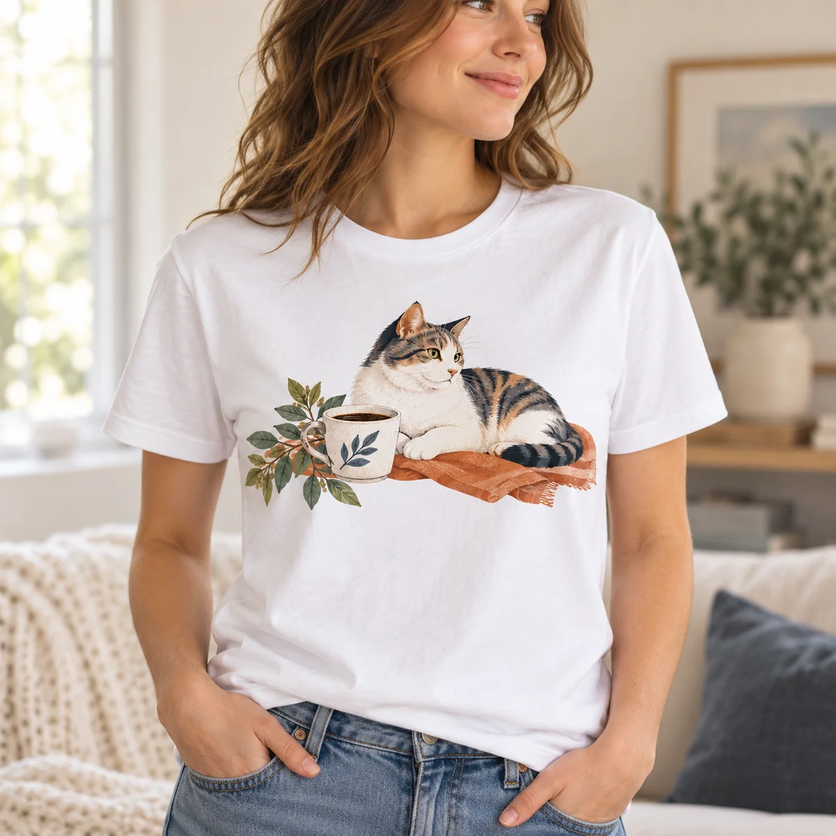 Cat Dad Coffee Break Unisex Graphic T-Shirt — lifestyle illustrative mockup