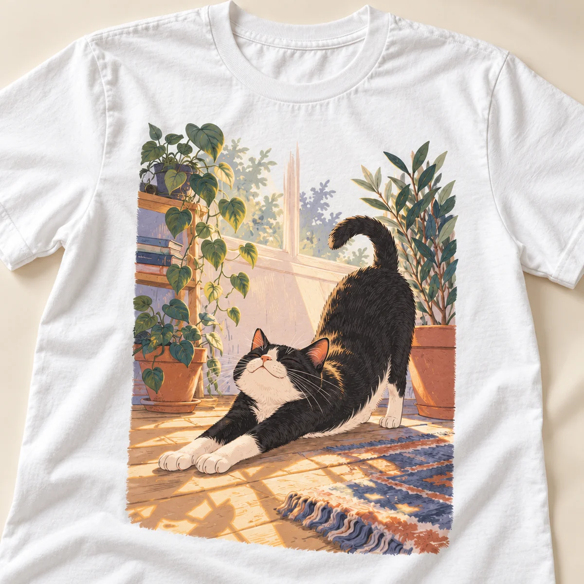 Tuxedo Cat Sunbeam Unisex Graphic T-Shirt — detail illustrative mockup