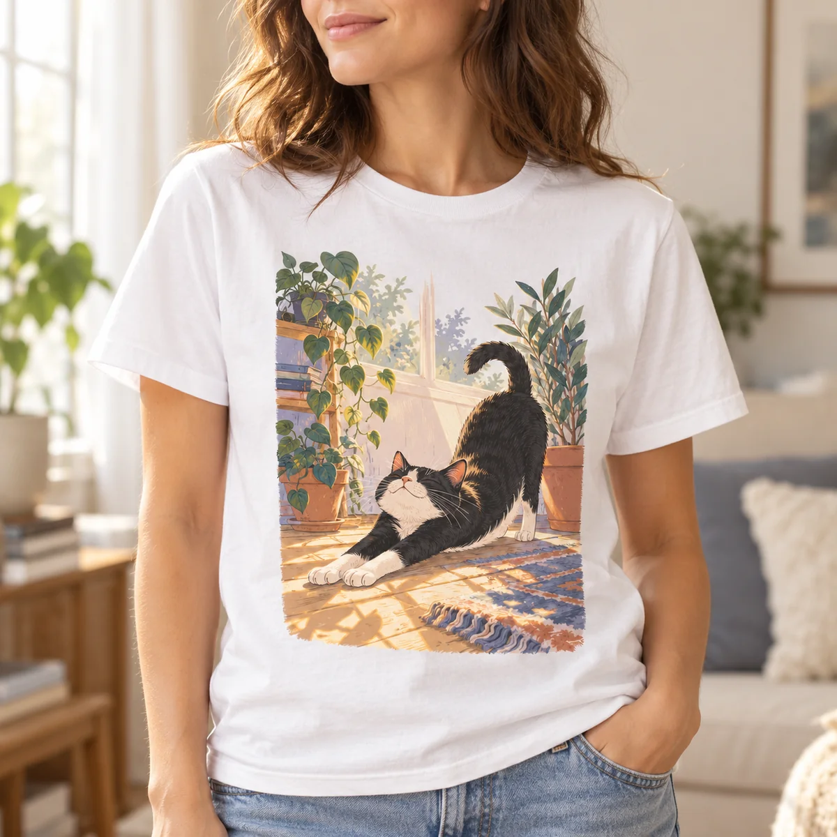 Tuxedo Cat Sunbeam Unisex Graphic T-Shirt — lifestyle illustrative mockup