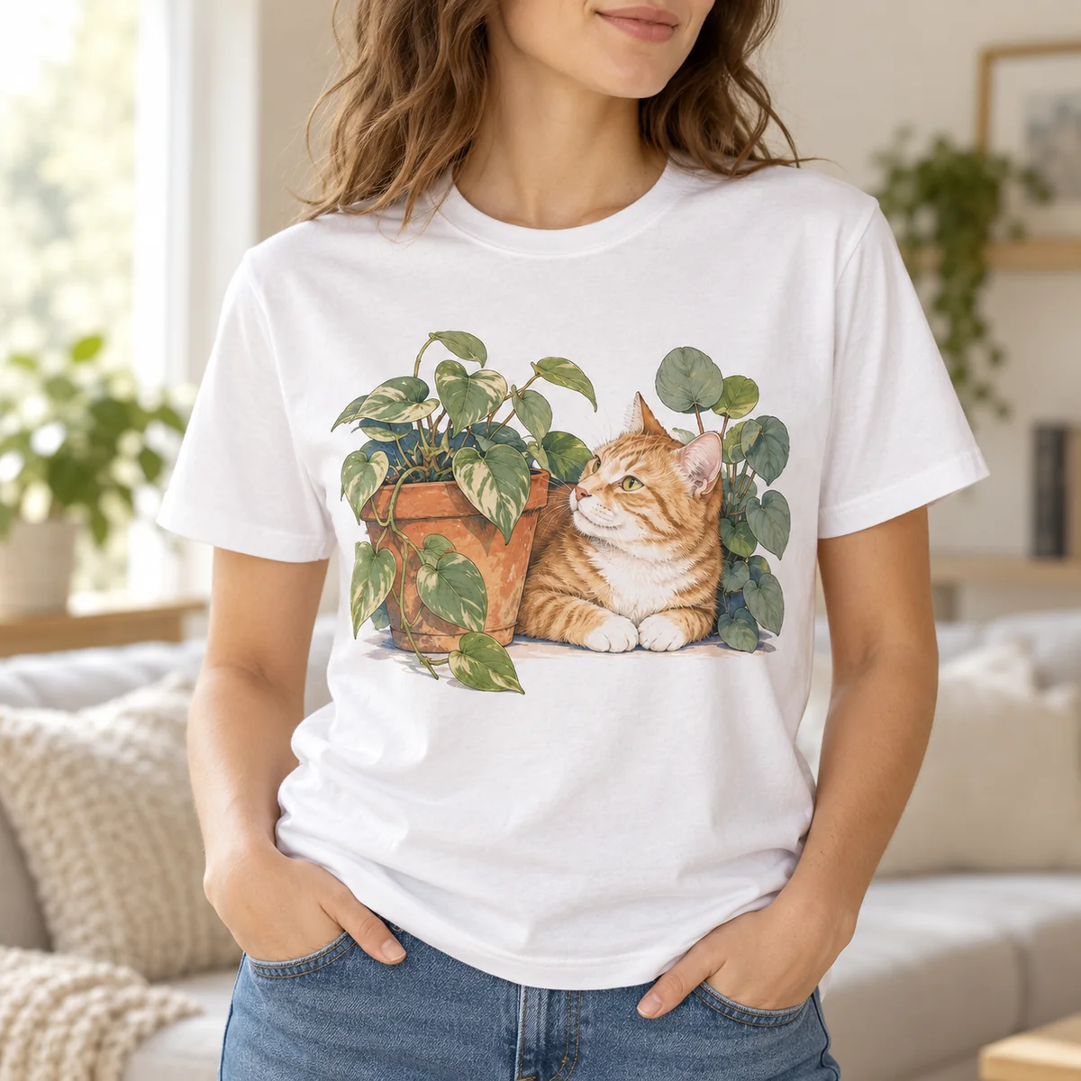Ginger Cat Plant Club Unisex Graphic T-Shirt — lifestyle illustrative mockup