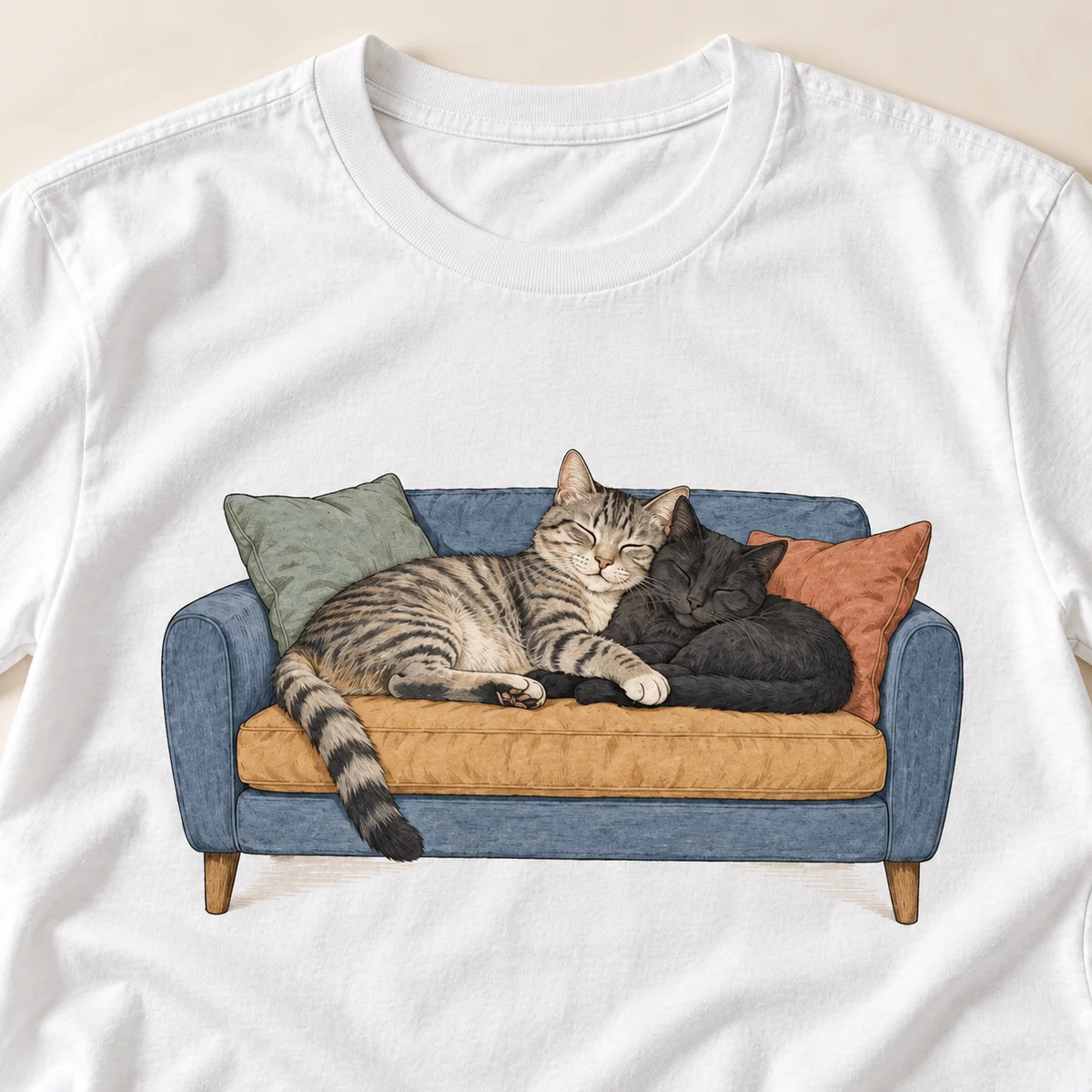 Two Cats One Sofa Unisex Graphic T-Shirt — detail illustrative mockup