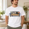 Two Cats One Sofa Unisex Graphic T-Shirt — lifestyle illustrative mockup