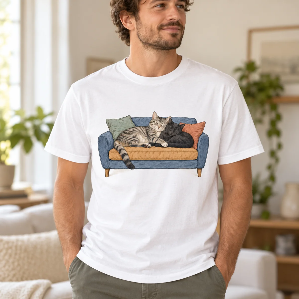 Two Cats One Sofa Unisex Graphic T-Shirt — lifestyle illustrative mockup