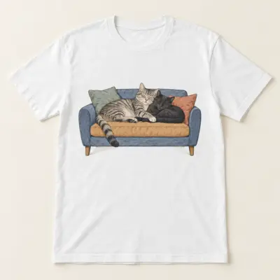 Two Cats One Sofa Unisex Graphic T-Shirt — main illustrative mockup