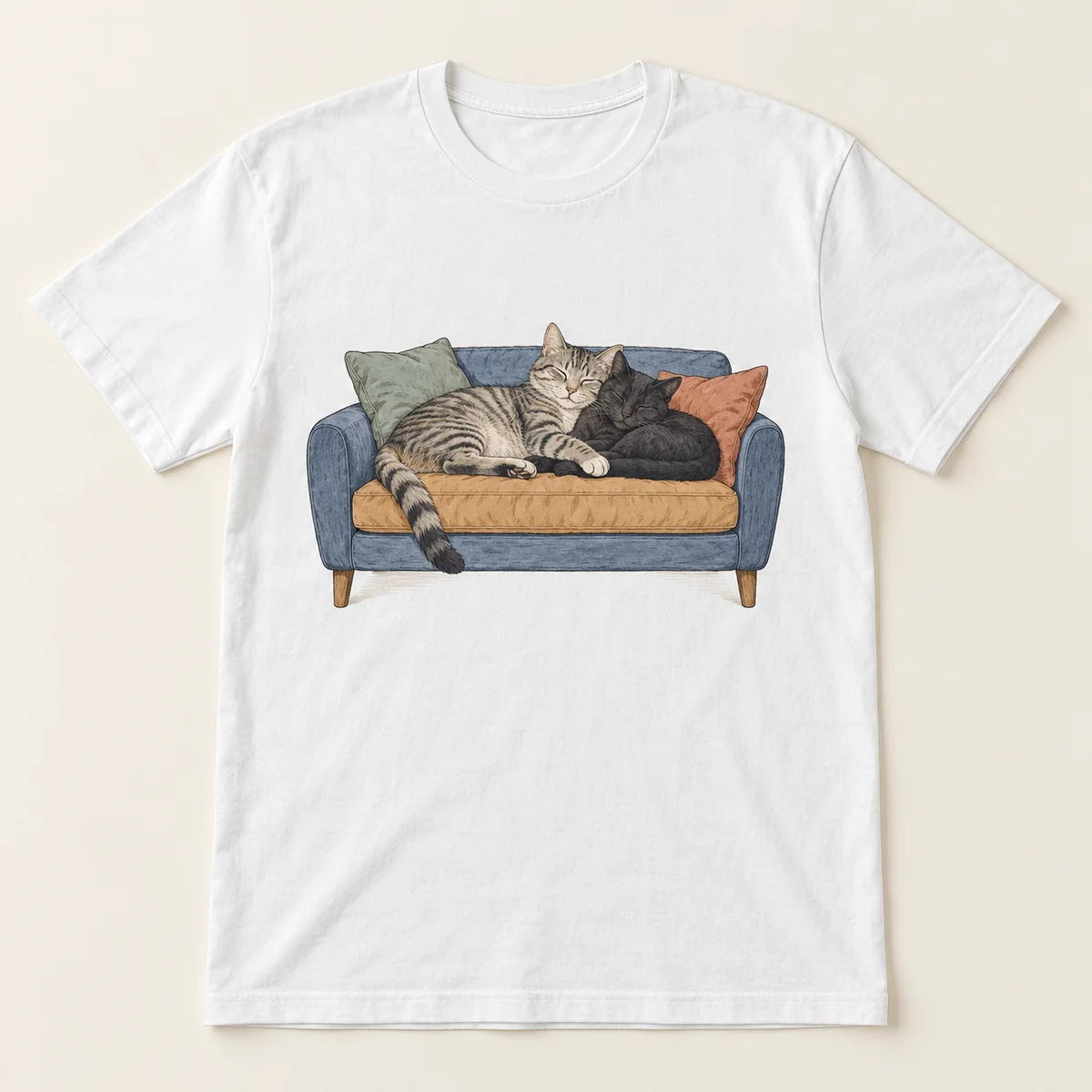 Two Cats One Sofa Unisex Graphic T-Shirt — main illustrative mockup