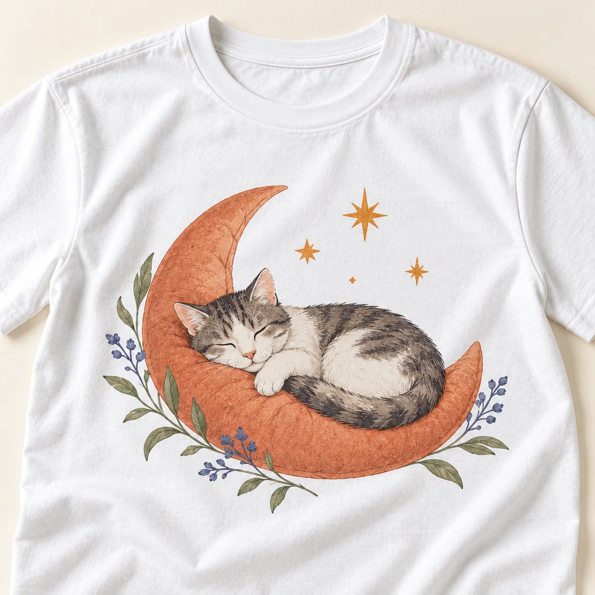 Sleepy Cat Stargazer Unisex Graphic T-Shirt — detail illustrative mockup