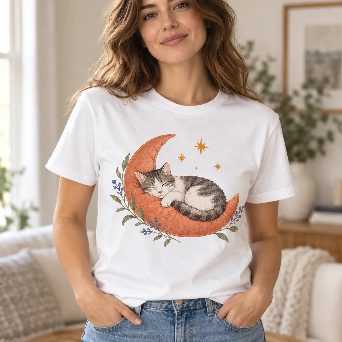 Sleepy Cat Stargazer Unisex Graphic T-Shirt — lifestyle illustrative mockup