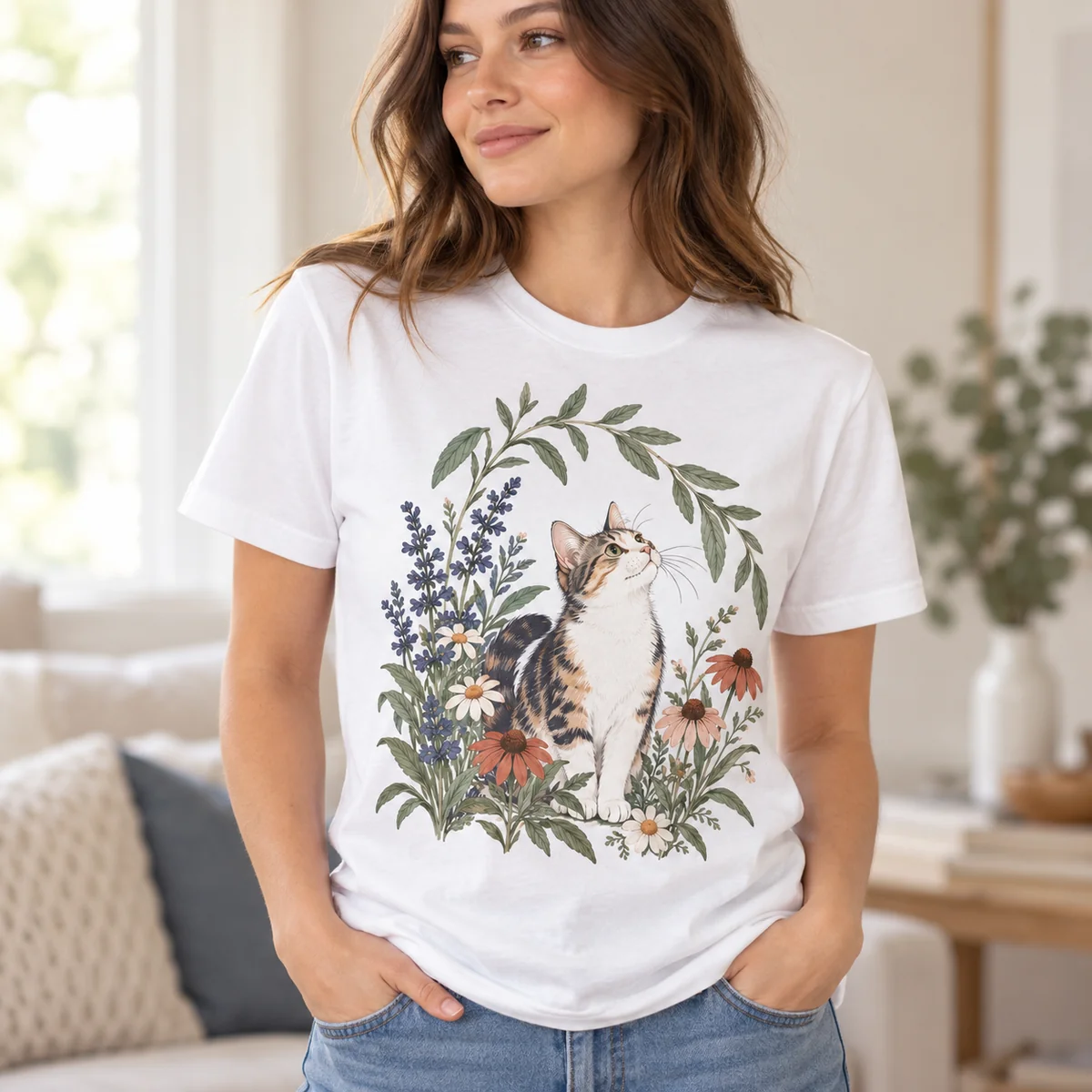 Whisker Garden Friend Unisex Graphic T-Shirt — lifestyle illustrative mockup